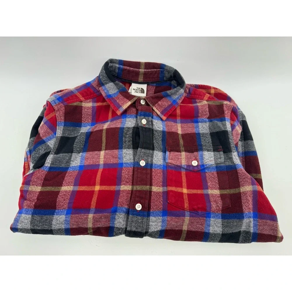 The North Face Plaid Flannel Button-Up Shirt Pockets Red/Blue/Gray Men's M